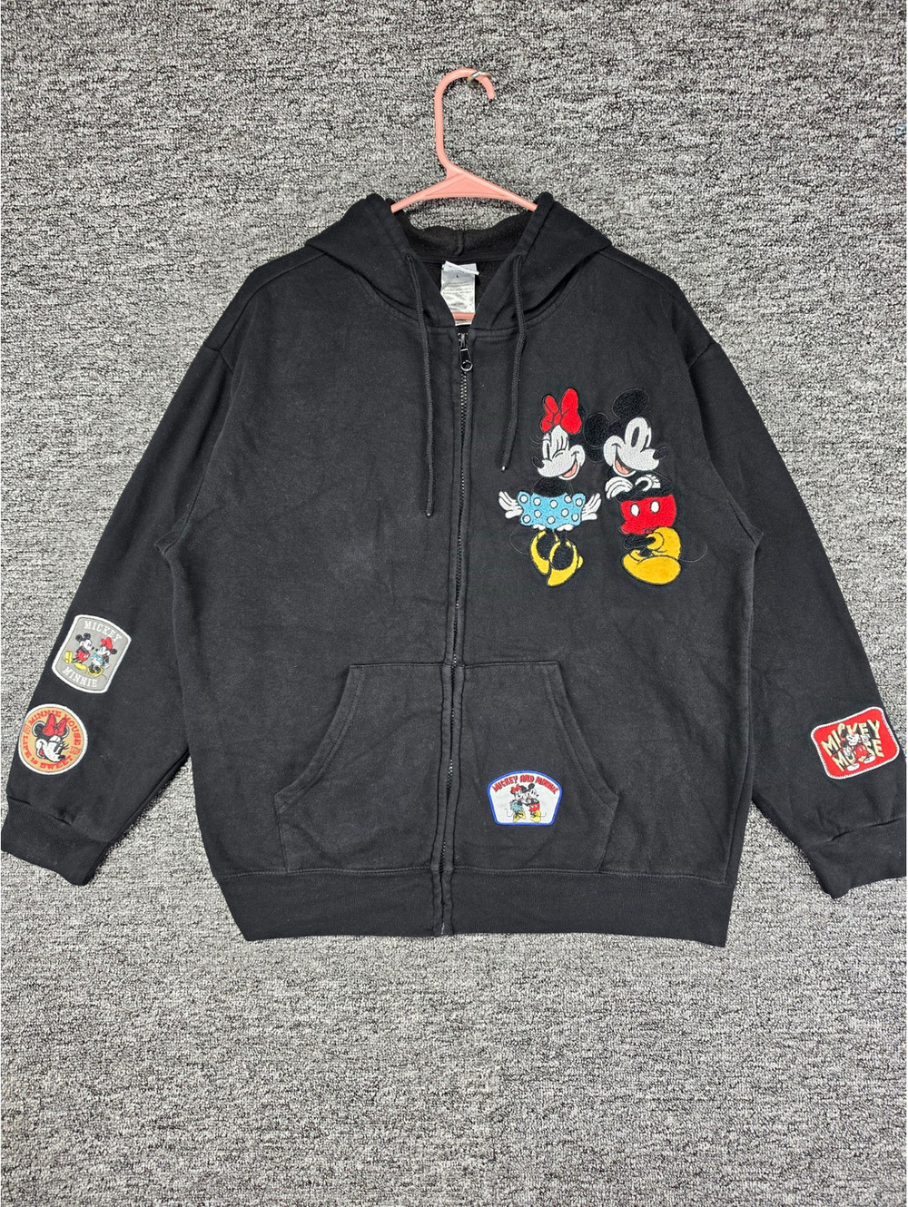 Disney Mickey Minnie Mouse Women’s L Black Full Zip Hoodie Embroidered Patches